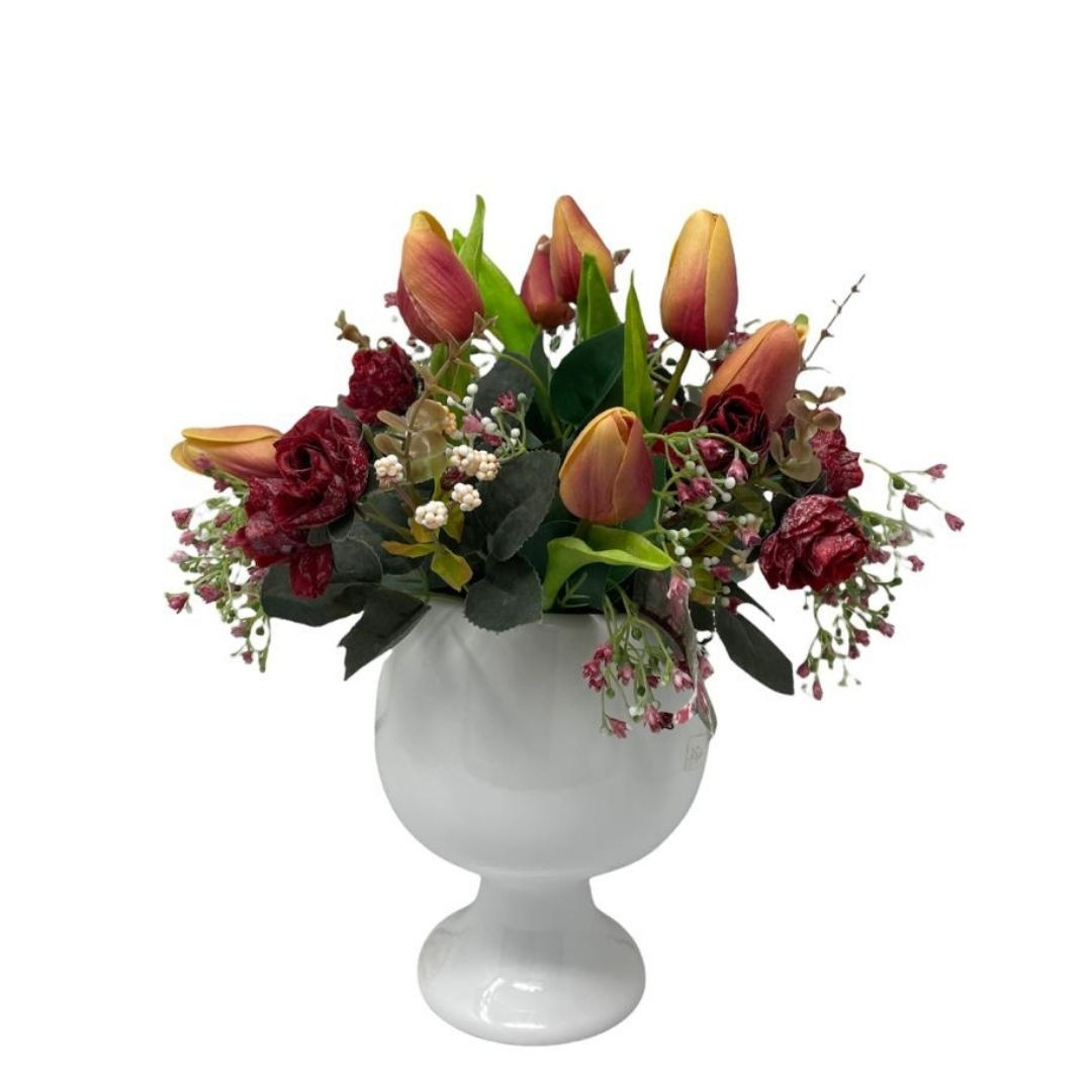 Composizione di fiori artificiali (tulipani e rose) su coppa in ceramica  bianca - Mymarca - MyMarca
