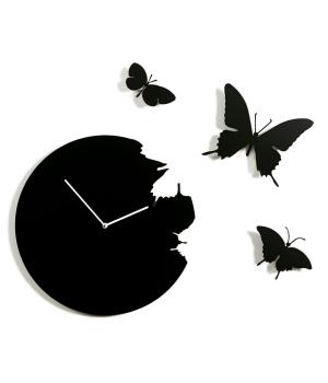 BUTTERFLY Wanduhr schwarz + Kit mit 3 Schmetterlinge Domeniconi