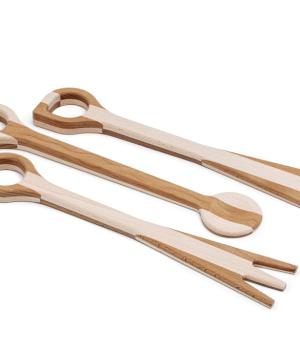Fork, Spoon and Scoop in light / dark two-tone beech wood