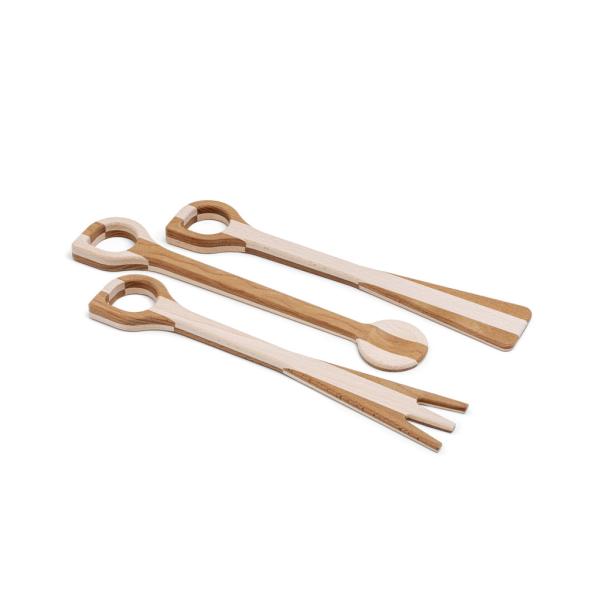 Fork, Spoon and Scoop in light / dark two-tone beech wood