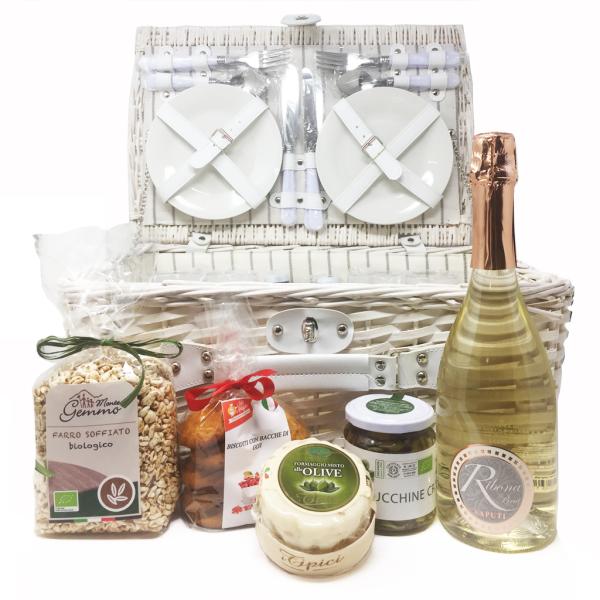 Delicate CHIC NIC Typical products in wicker basket for picnic